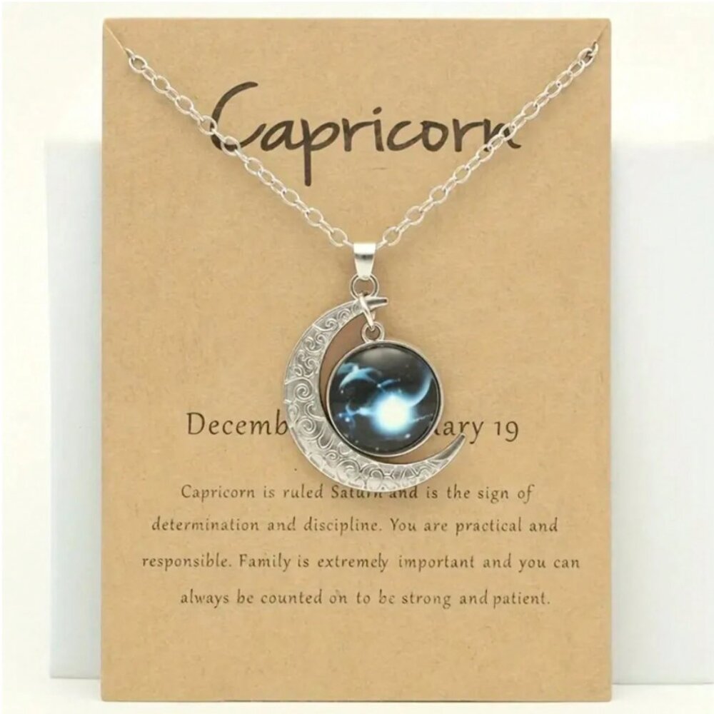 NWT Capricorn Silver-Tone 1.5" Glass Moon Pendant 18-20" Necklace